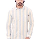 Cotton Linen Cream and Light Sky Blue Mens Striped Full Sleeve Shirt P2815