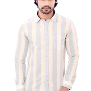 Cotton Linen Cream and Light Sky Blue Mens Striped Full Sleeve Shirt P2815