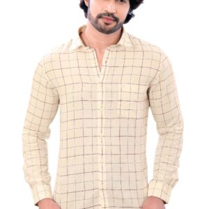 Linen Cotton Golden Cream Color Mens Checkered Full Sleeve Shirt P2816