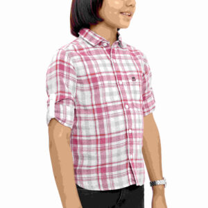 Pure Cotton White & Light Coral Yarn Dyed Boys Checkered Full Sleeve Casual Shirt P2854