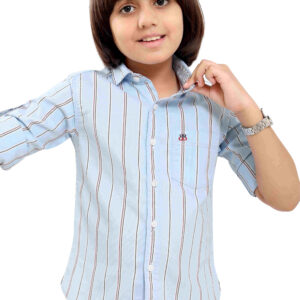 Pure Cotton Sky Blue Yarn Dyed Boys Striped Full Sleeve Casual Shirt P2857