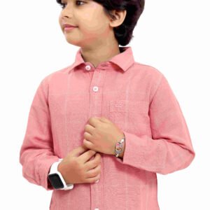 Pure Cotton Light Coral Yarn Dyed Boys Striped Checkered Full Sleeve Casual Shirt P2892