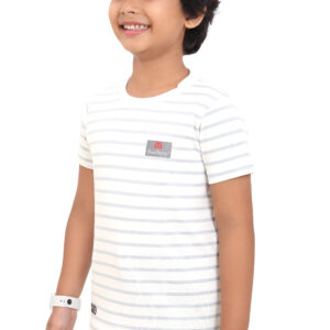 Pure Cotton Alice Blue & White Striped Round Neck Boys T Shirt P2954