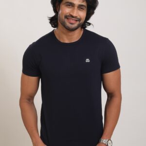 Mens Solid Crew Neck Navy Blue Dobby TShirt P3707