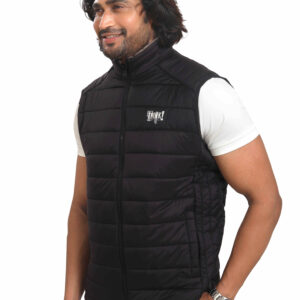 MENS REVERSIBLE BLACK AND DARK BEIGE SALEEVLESS PUFFER JACKET P3716