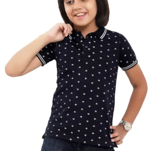 Pure Cotton Navy Blue Printed Boys Polo Tshirt P2830
