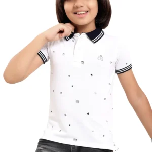 Pure Cotton White Printed Boys Polo Tshirt P2894