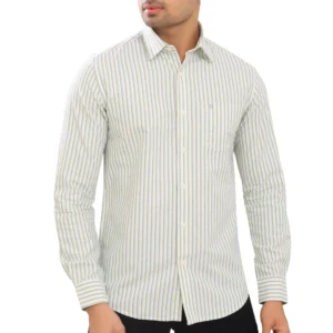Mens Olive Green Striped Oxford Pure Ctton Full Sleeve Shirt P3963