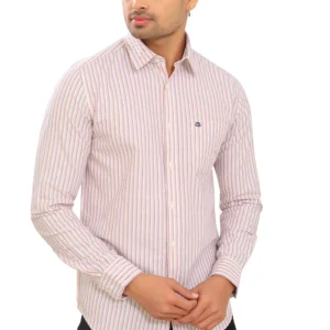 Mens Peach and Blue Striped Oxford Pure Cotton Full Sleeve Shirt P3964