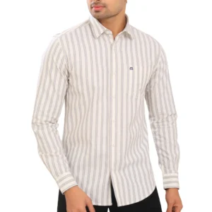 Mens Cream Colored Blue Striped Oxford Pure Cotton Full Sleeve Shirts P3965